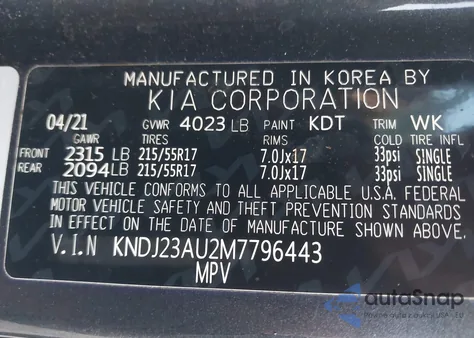 2021 Kia Soul S z USA, uszkodzony, nr VIN KNDJ23AU2M7796443